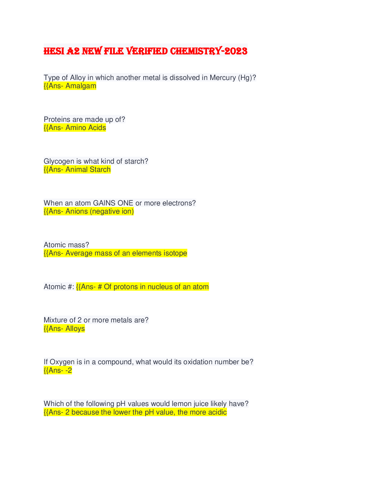 Preview image for HESI A2 (NURSING ADMISSION TEST) NEW FILE VERIFIED- 2023 CHEMISTRY